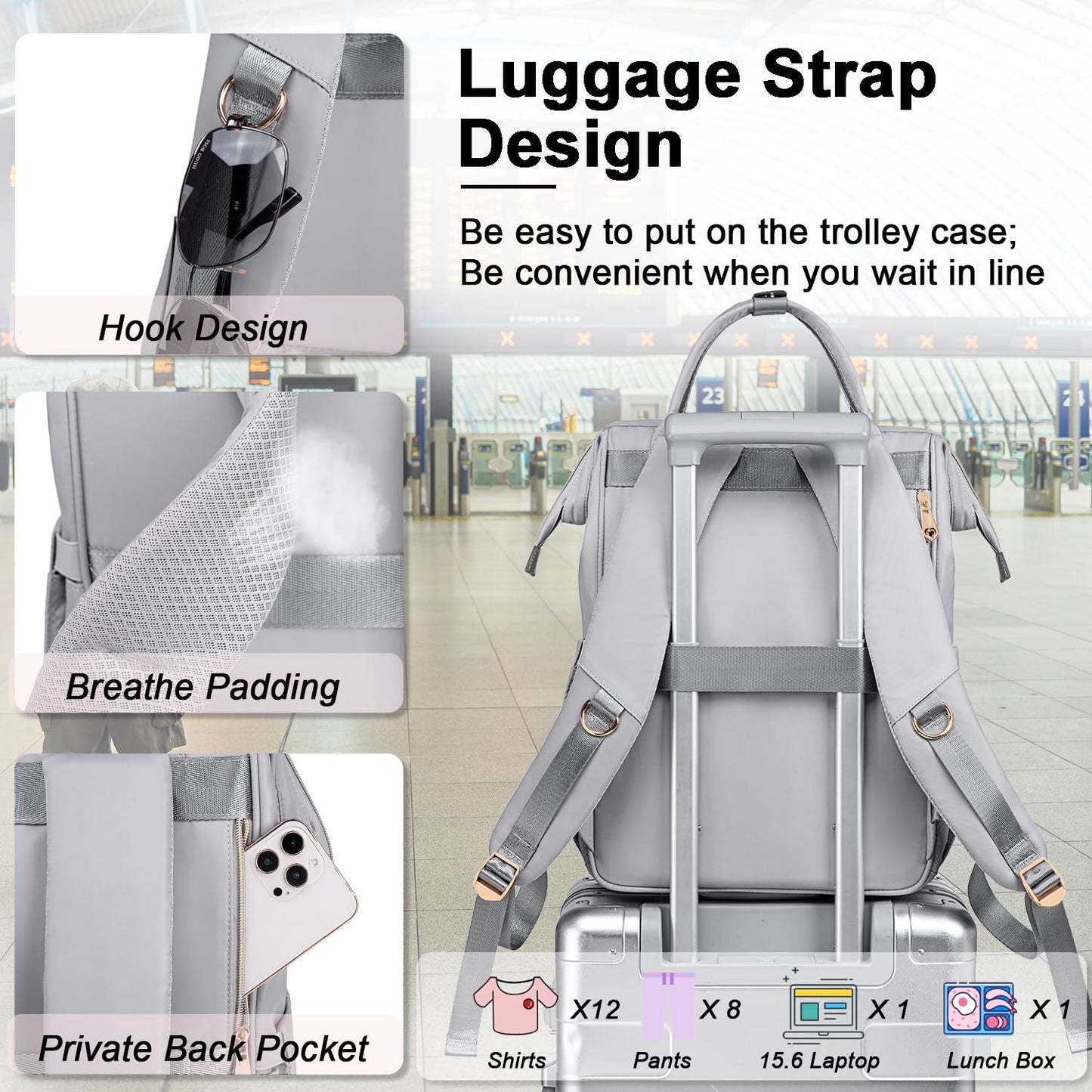 Weitars Lunch Backpack For Women,15.6 Inch Laptop Backpacks For Womens Back pack, Travel Backpacks,Work Backpack For Women (Gray)