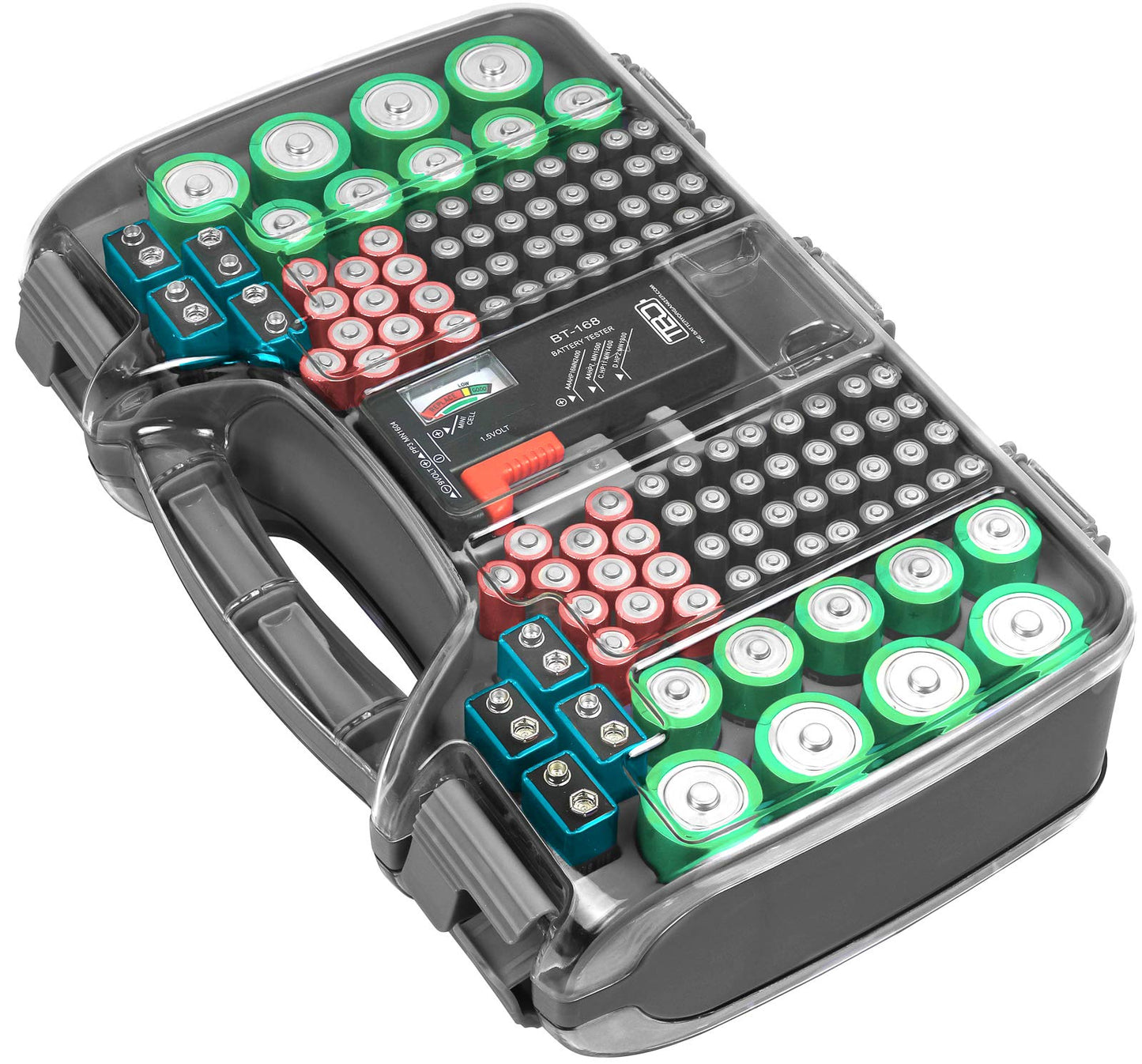 The Battery Organizer, Battery Storage Organizer Hinged Clear Cover with Locking Lid, Holds 180 Batteries, Includes a Removable Battery Tester, Holder for Garage Organization, Charcoal