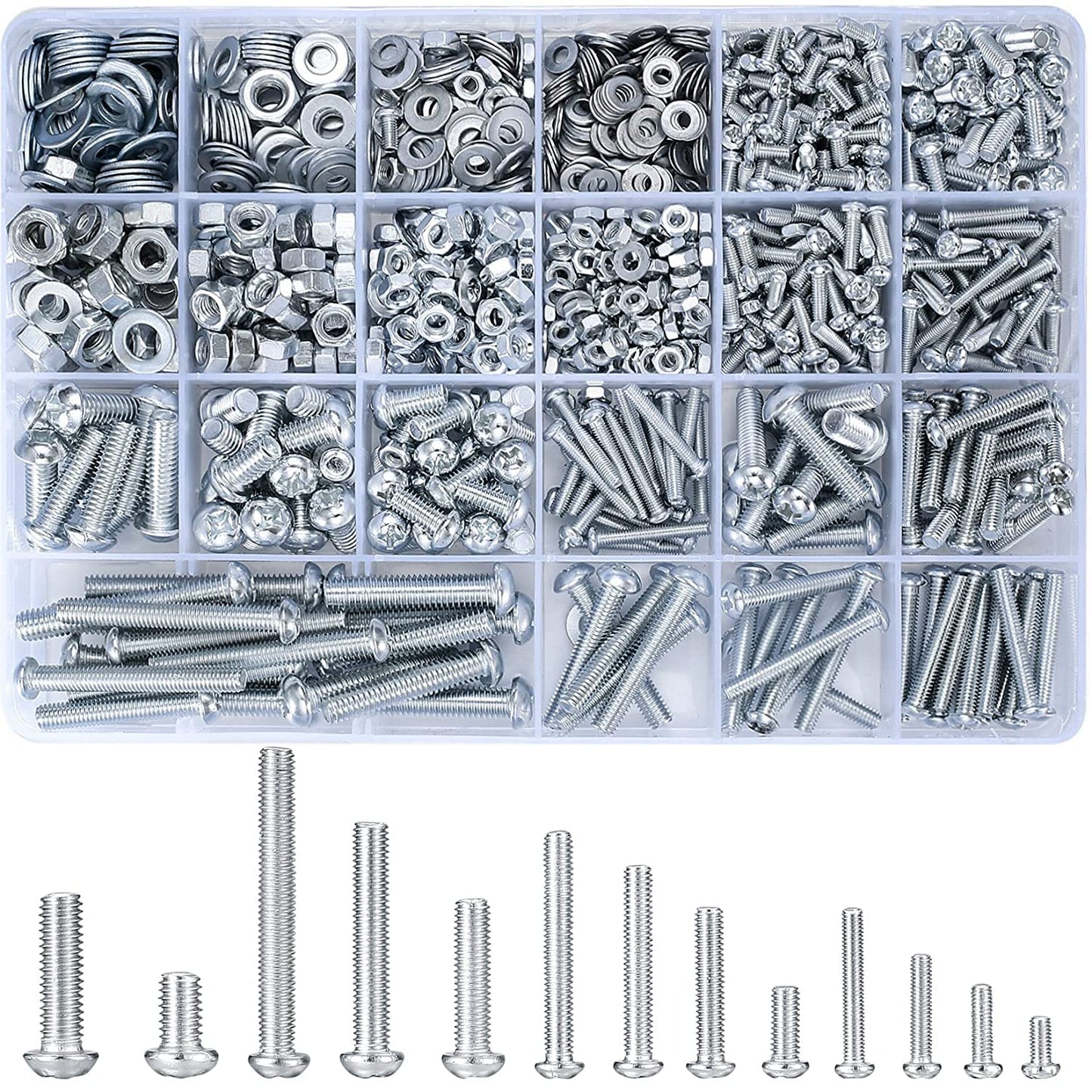 wugongshan 1080 Pcs Screws Bolts and Nuts Assortment Kit, Metric Machine Screws and Nuts and Flat Washers, M3/M4/M5/M6 Cross Slotted Round Head Bolts Sets (C)