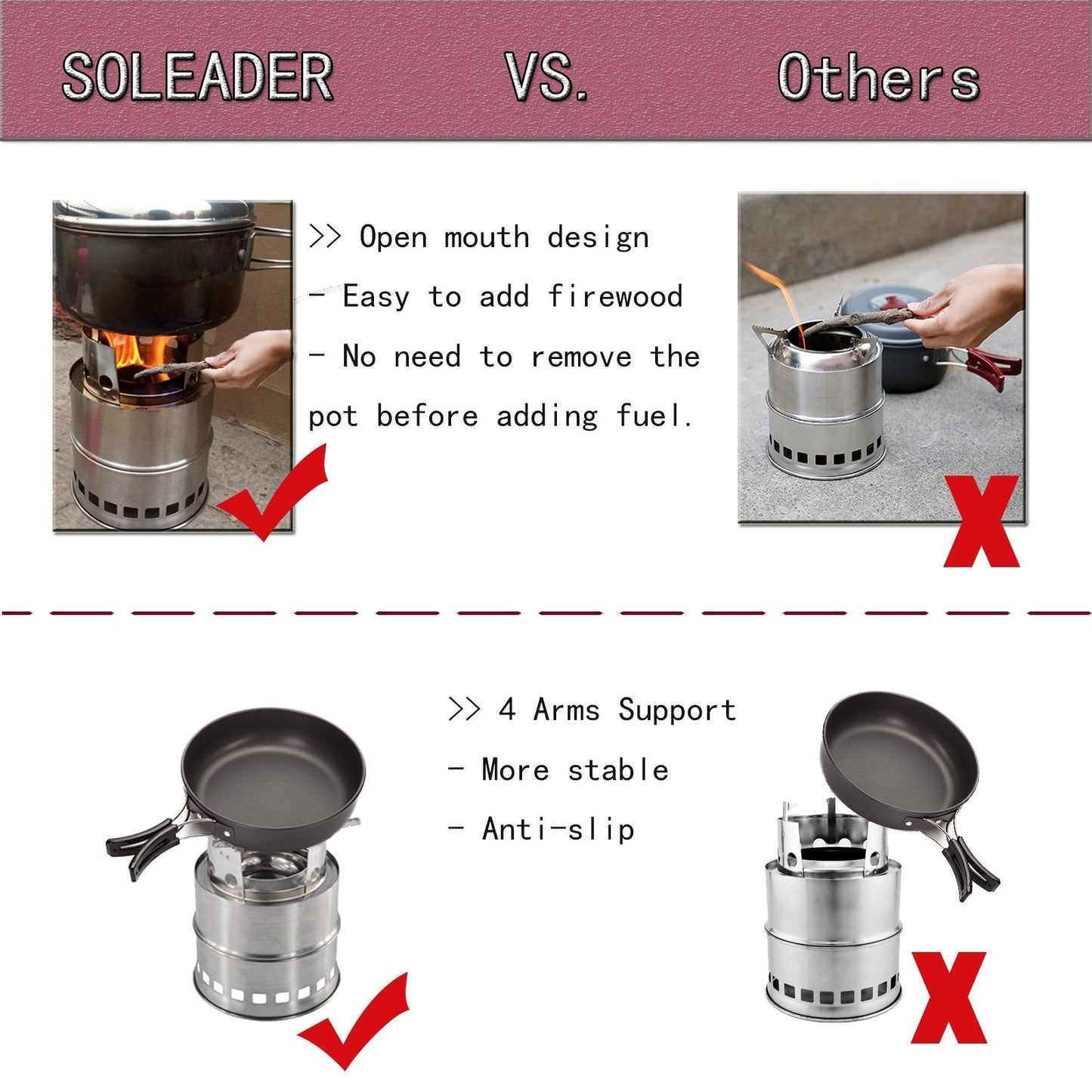 SOLEADER Portable Wood Burning Camp Stoves - Stainless Steel Compact Gasifier Stove - Twig Stove For Camping, Hiking, Picnic, BBQ, Backpacking The 3rd Generation
