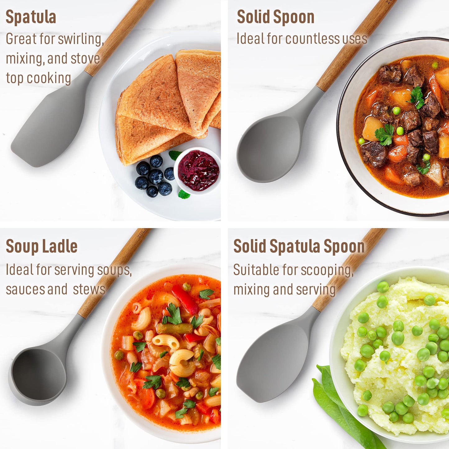 Zulay Kitchen Utensils Set Non-Stick Silicone Cooking Utensils Set with Authentic Acacia Wood Handles - 8 Piece Set - Silicone Kitchen Utensils Set with 464°F Heat Resistance - Gray