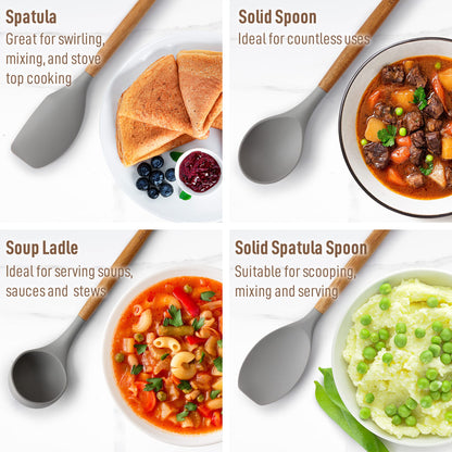 Zulay Kitchen Utensils Set Non-Stick Silicone Cooking Utensils Set with Authentic Acacia Wood Handles - 8 Piece Set - Silicone Kitchen Utensils Set with 464°F Heat Resistance - Gray