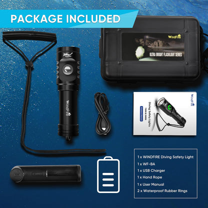 WINDFIRE Dive Light Scuba Diving Flashlight, Super Bright Rechargeable Waterproof Torch with Power Indicator, 3 Modes Underwater Lights, Scuba & Snorkeling Safety Dive Lights for Night Diving