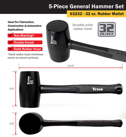 Titan 63125 5-Piece Hammer Set, Includes 16oz & 32oz Ball Pein, 32oz Rubber Mallet, 3lb Sledgehammer, & 3lb Cross Pein, Shock Absorbing Fiberglass Handles with Textured Grips