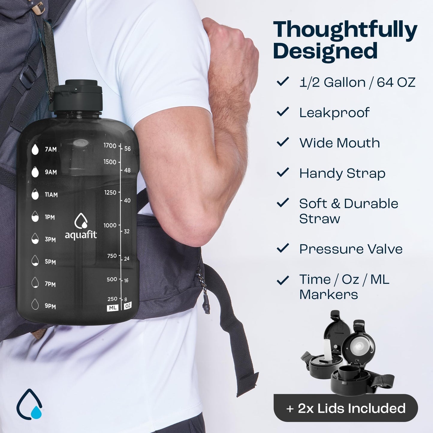 AQUAFIT 64 oz Water Bottle with Time Marker - Straw & Chug Lid - BPA Free Half Gallon Gym Water Bottle with Handle - Big Gallon Jug (Gray, 64 Ounces)