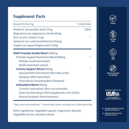 Snap Supplements Prostate Health Support Supplement, Saw Palmetto for Men Plus Stinging Nettle Root, Magnesium Citrate, Zinc and Plant Sterols, Supports Male Urinary Tract Health, 90 Capsules