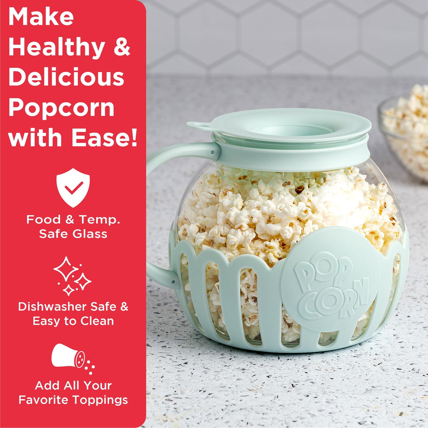 Ecolution Patented Micro-Pop Microwave Popcorn Popper with Temperature Safe Glass, 3-in-1 Lid Measures Kernels and Melts Butter, Made Without BPA, Dishwasher Safe, 3-Quart, Aqua