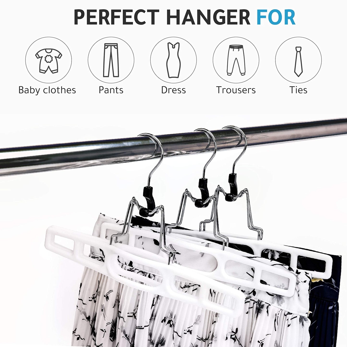 Quality Hangers 10 Pack Premium Skirt Hangers - Thin Space Saving Pant Hangers Set with Clamp, Shorts Hangers with Heavy Duty Locking Clasp, Multipurpose Jean Hangers Set - White