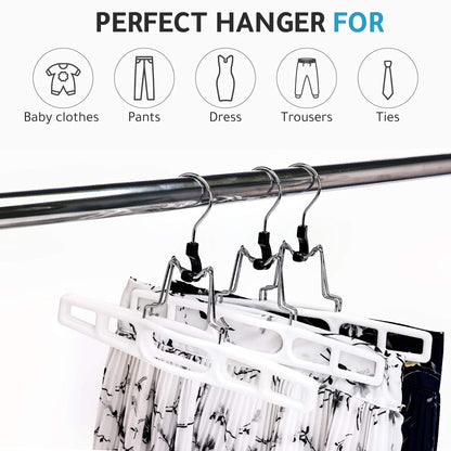 Quality Hangers 10 Pack Premium Skirt Hangers - Thin Space Saving Pant Hangers Set with Clamp, Shorts Hangers with Heavy Duty Locking Clasp, Multipurpose Jean Hangers Set - White