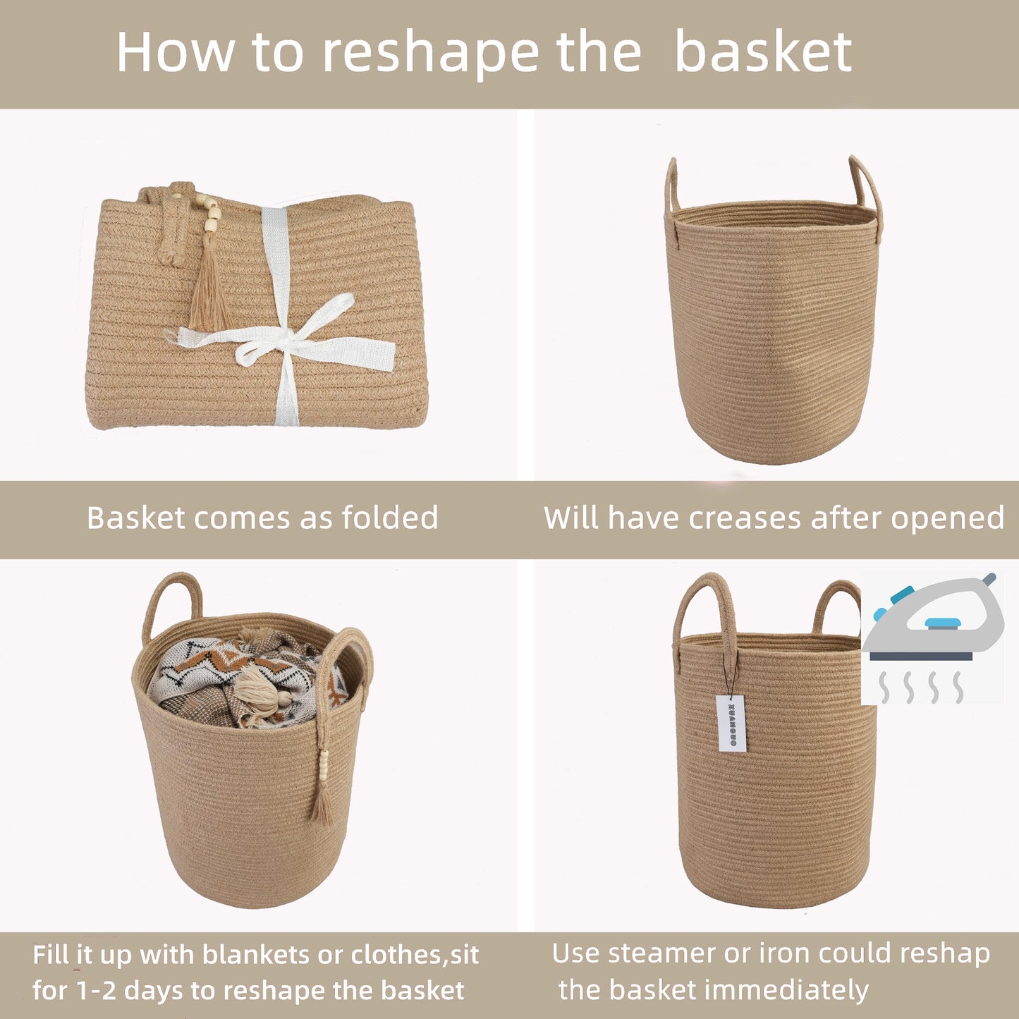 XUANGUO Rope Laundry Basket Laundry Hamper for Clothes Woven Storage Basket for Living Room Bedroom Boho Tall Rope Baskets for Blanket Toys Pillow Towels Baby Nursery Hamper Bin jute