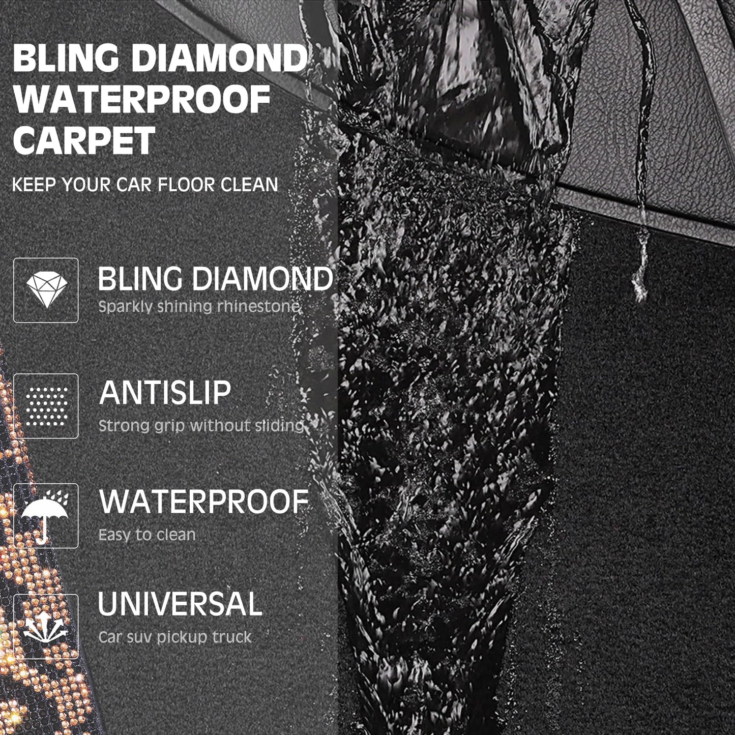 CAR PASS Bling Diamond Car Floor Mats, Shining Rhinestone Carpet Sparkly Glitter Crystal with Anti-Slip PVC Heel Pad Waterproof Universal Fit Automotive SUV,Sedan,Van,Cute Girl Women,4pcs Gold Leopard