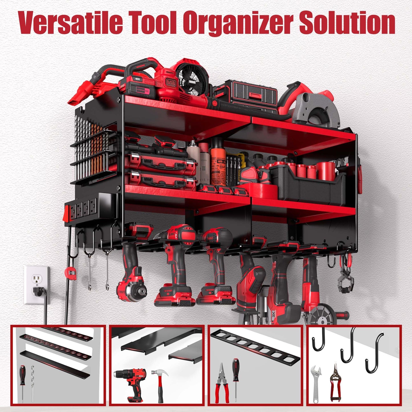 Spampur Power Tool Organizer with Charging Station, 6 Drill Holders Wall Mount, Heavy Duty Metal Premium Garage Tool Shelf, Gift for Man Cordless Tool Storage Rack with 4 Outlet Power Strip - Red