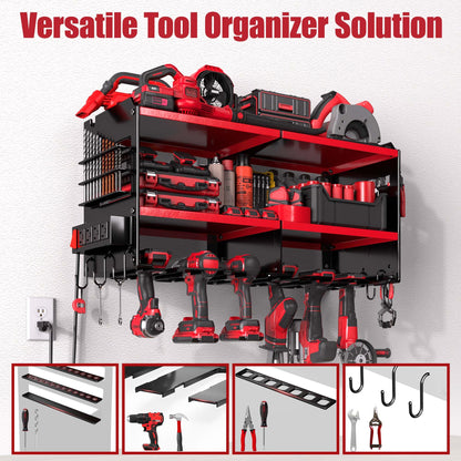 Spampur Power Tool Organizer with Charging Station, 6 Drill Holders Wall Mount, Heavy Duty Metal Premium Garage Tool Shelf, Gift for Man Cordless Tool Storage Rack with 4 Outlet Power Strip - Red
