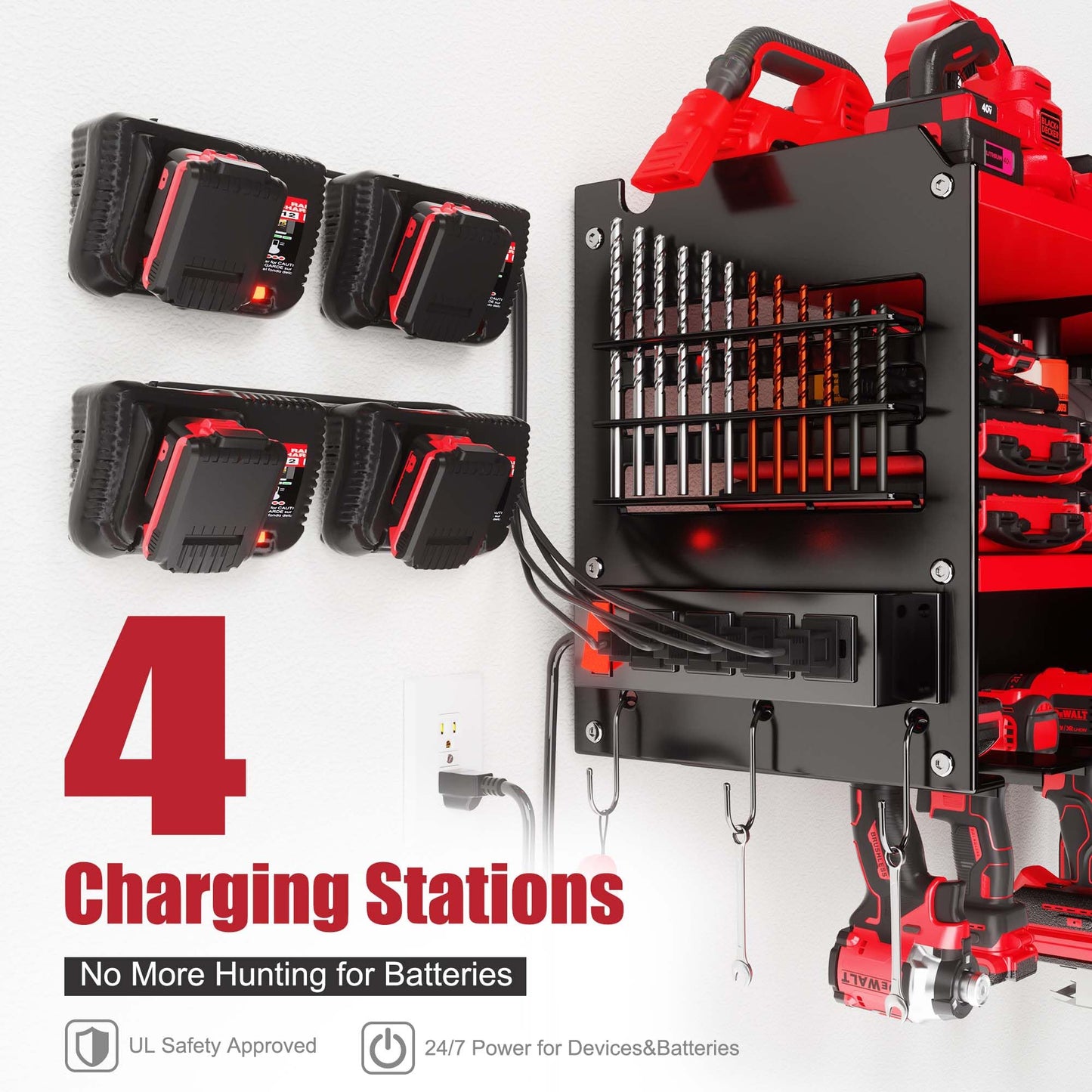 Spampur Power Tool Organizer with Charging Station, 6 Drill Holders Wall Mount, Heavy Duty Metal Premium Garage Tool Shelf, Gift for Man Cordless Tool Storage Rack with 4 Outlet Power Strip - Red