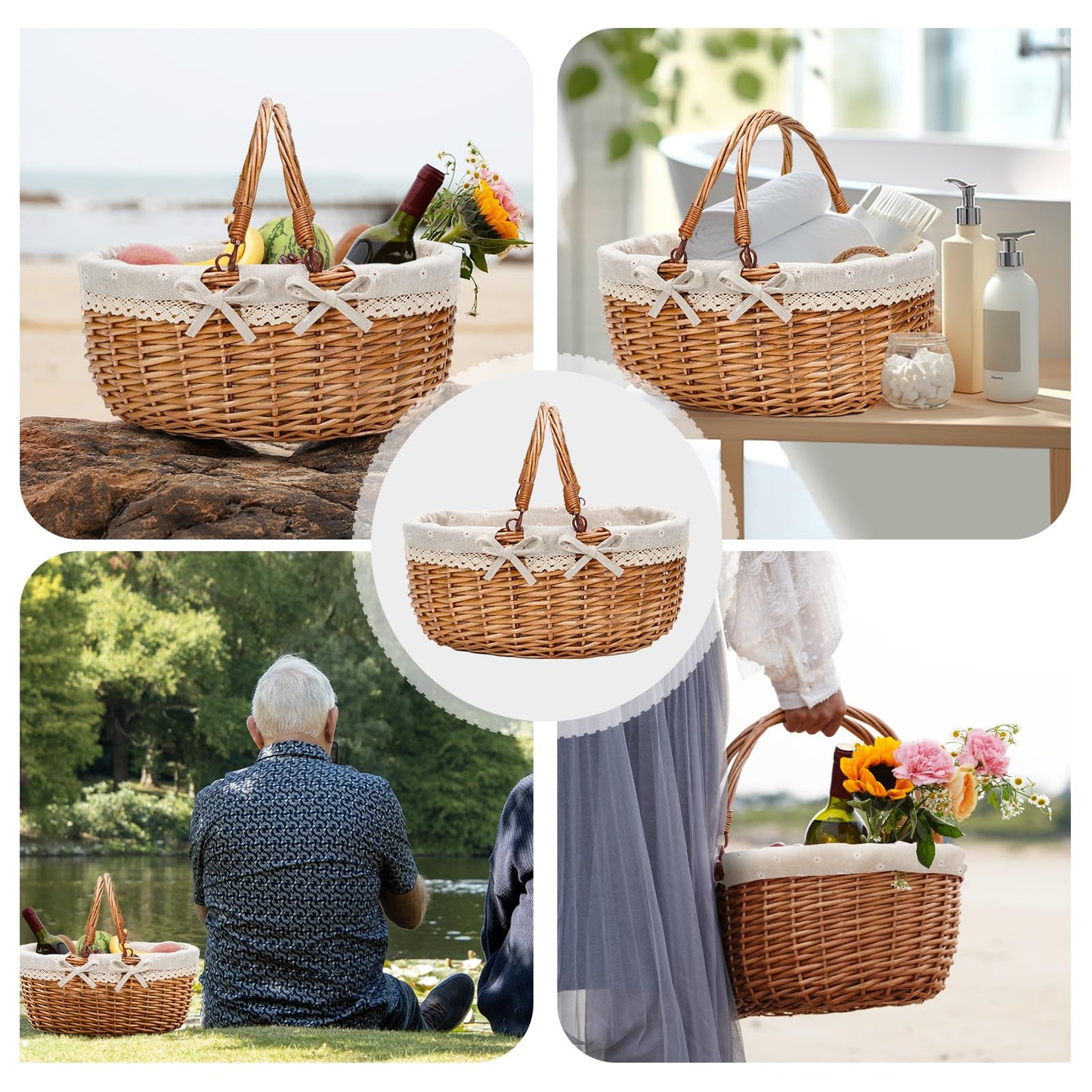 G GOOD GAIN Wicker Picnic Basket with Double Folding Handles,Willow Picnic Hamper,Natural Hand Woven Easter Basket,Easter Eggs and Candy Basket,Bath Toy and Kids Toy Storage,Gift Packing Basket.White