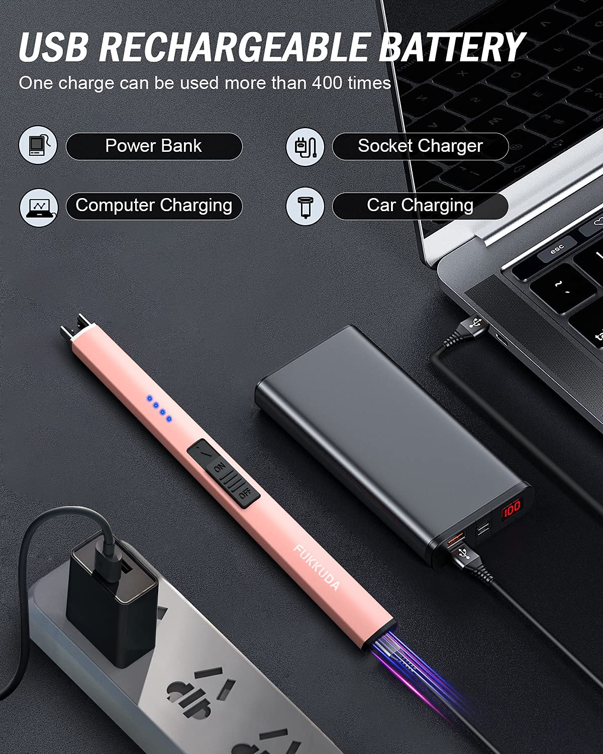 FUKKUDA Electric Candle Lighter with Safety Switch - USB Rechargeable Windproof & Flameless Plasma Arc Lighter for Easter Basket Stuffers (Rose Gold)