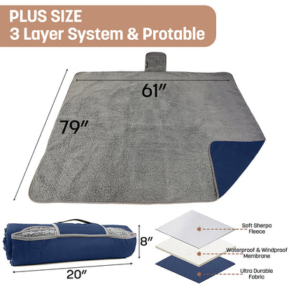 Tirrinia 66''X 90'' Waterproof Outdoor Blanket with Sherpa Lining, Windproof Triple Layers Warm Comfy Foldable for Camping Stadium, Sports, Picnic, Grass, Concerts, Pet, Extra Large Size