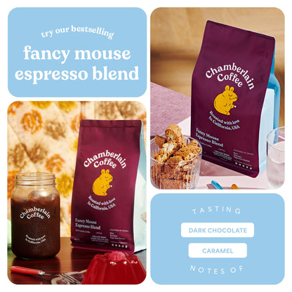 Chamberlain Coffee Fancy Mouse Espresso Blend - Extra Bold, Dark Roast Ground Coffee Beans with Notes of Sweet Caramel, Dark Chocolate & Toasted Peanuts - Specialty Ground Coffee - 12 oz