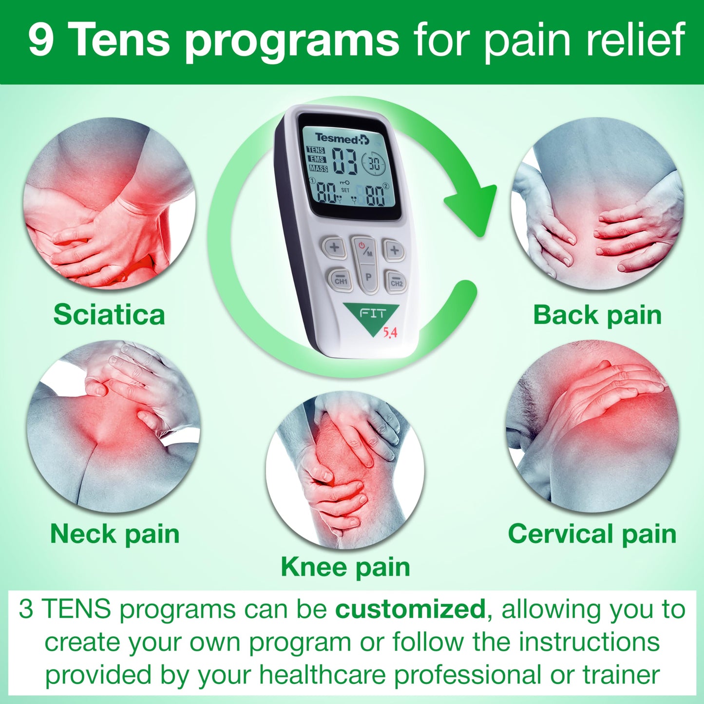 TESMED Fit 5.4: TENS Unit, EMS Muscle Stimulator & Muscle Massager (3-in-1), 22 Programs, 6 Customizable, Ideal for Pain Relief and Muscle Stimulation, 4 Electrodes
