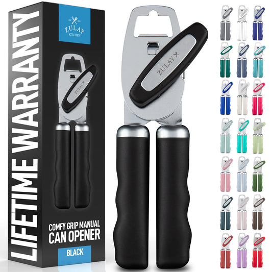 Zulay Kitchen Heavy Duty Stainless Steel Can Opener Manual with Bottle Opener - Rust Proof Manual Can Opener With Turn Knob & Comfy Soft Grip Handles - Black