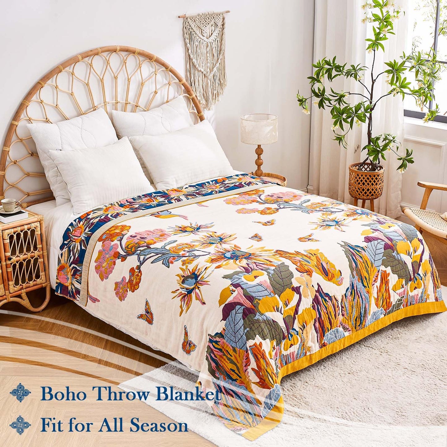 XIBLC Boho Throw Blanket, 100% Cotton Ultra Soft Luxury Throw Rustic Quilt, 50"x60" Floral Bird Butterfly Farmhouse Decor Bed Blankets, All Season Rustic Reversible Bohemian Throw for Bed - Yellow