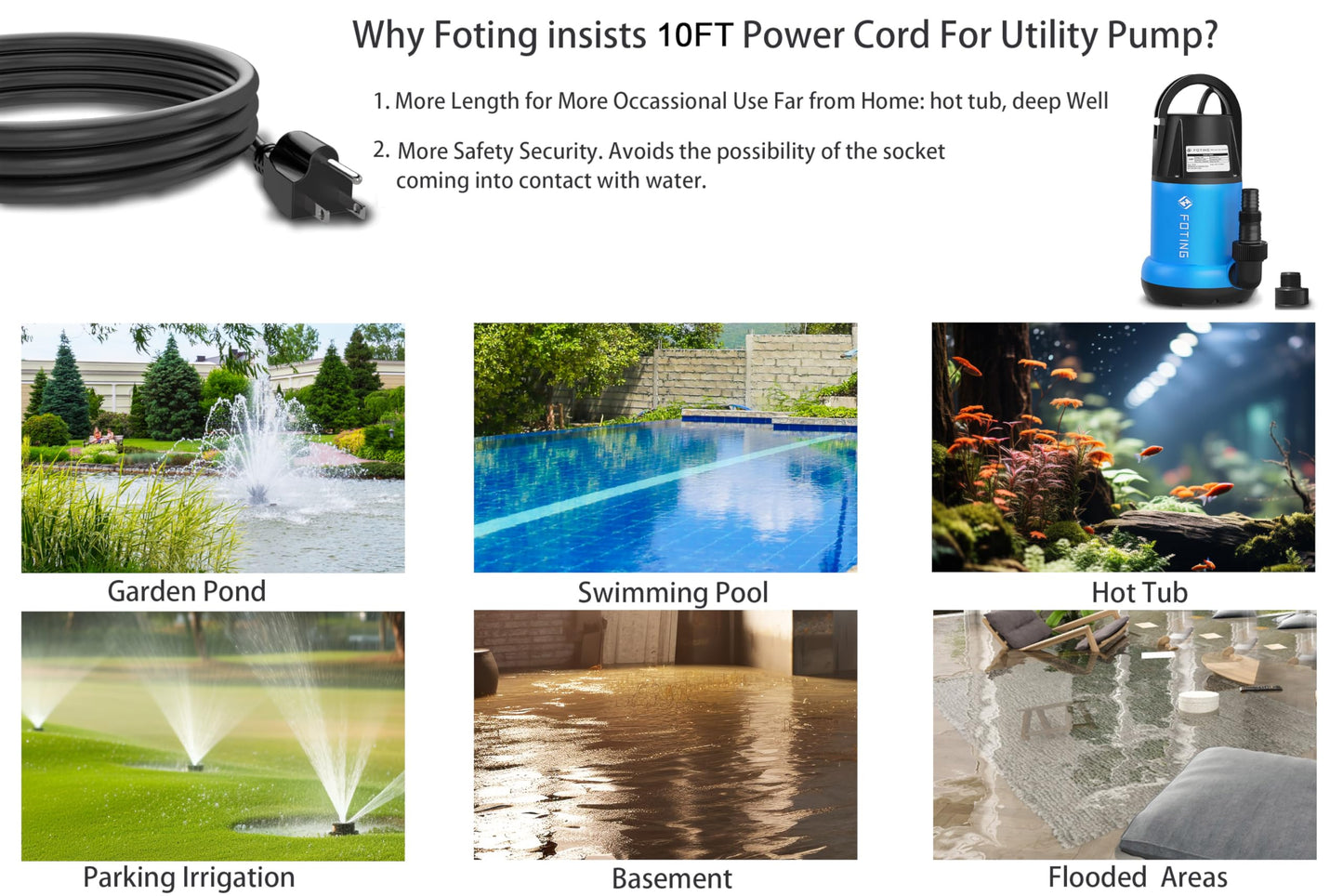 FOTING Sump Pump 1HP Clean/Dirty Submersible Water Pump, 4600GPH Utility Pump Thermoplastic Electric Portable Transfer Water Pump for Swimming Pool Garden Pond Basement with 10ft Long Power Cord