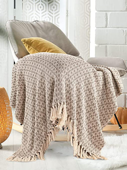 Sashaa Soft Throw Blanket for All-Season Comfort - Lightweight Cotton Weave Pattern with Boho Aesthetic & Tassels for Couch, Sofa, Bed, Chair & Outdoor Picnic | Neutral Beige, 70x50 inches (Pack of 1)