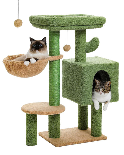 Cactus Cat Tree 35.4"- Medium Cat Tower w/Sisal Scratching Post, Cat Condo for Indoor Cats, Large Padded Top Perch, Comfy Hammock, and 2 Dangling Balls for Small-Medium Cats, Green