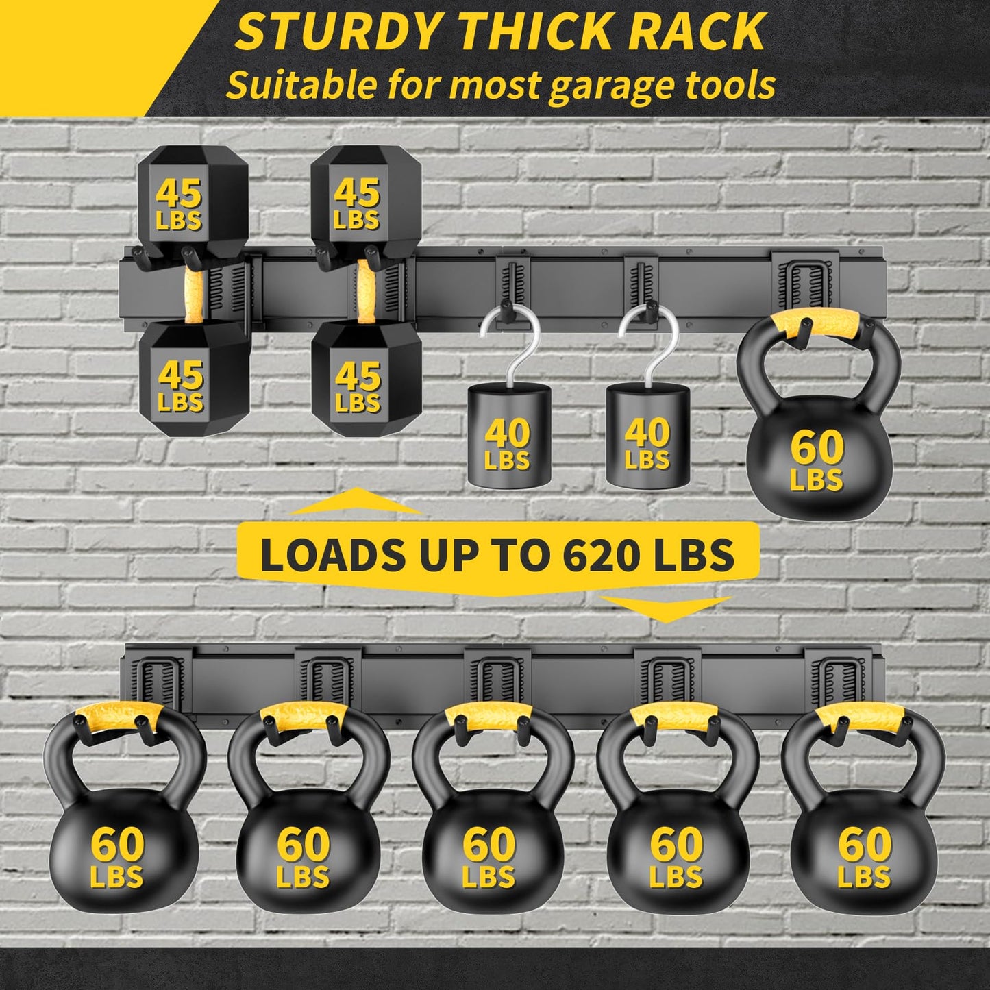 UUP 64 Inches Garage Storage, Garage Organization, Wall Mount Garden Tool Organizer, Max 620lbs Adjustable Metal Hooks, Yard Shed Rack, Tool Holder for Hanging Rake Broom Mop Snowboard, Home Gift