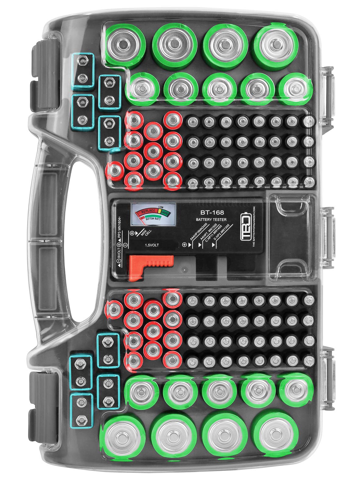 The Battery Organizer, Battery Storage Organizer Hinged Clear Cover with Locking Lid, Holds 180 Batteries, Includes a Removable Battery Tester, Holder for Garage Organization, Charcoal
