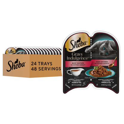 Sheba Gravy Indulgence Adult Wet Cat Food Beef Entree in Extra Gravy, 2.6 oz. Twin-Pack Trays (24 Count, 48 Servings)