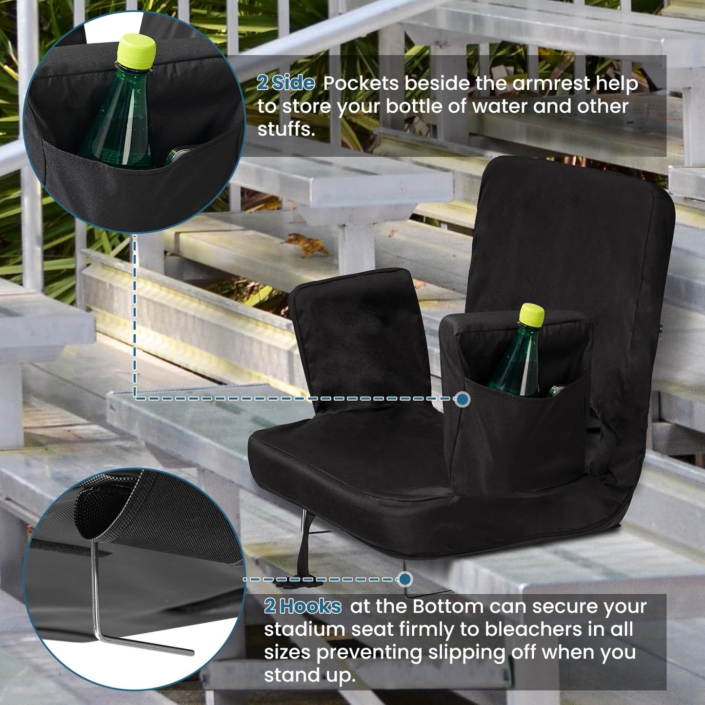 TOPSKY Stadium Seat with Back Support, Regular Size 18.7”Width (Seat 17”), 3 Reclining Positions, Wide Bleacher Seats with 2 Hook, Picnic Seat (Black)