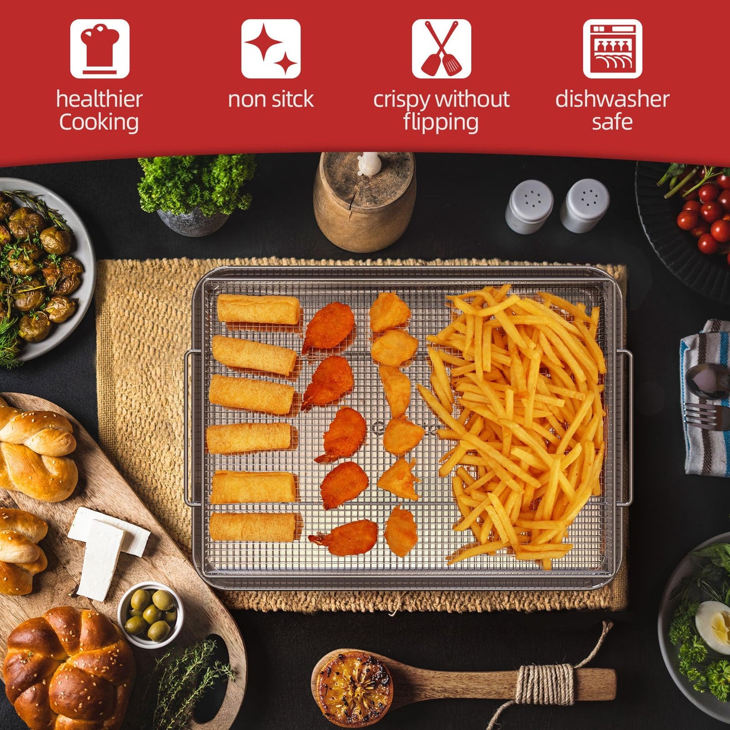 Air Fryer Basket for Oven with 50 Recipes, Extra Large 2 Piece Nonstick Crisper Tray & Basket, Stainless Steel Air Fryer Accessories for Crispy Foods Healthy Cooking, Dishwasher Safe, 16.5” x 12.5”