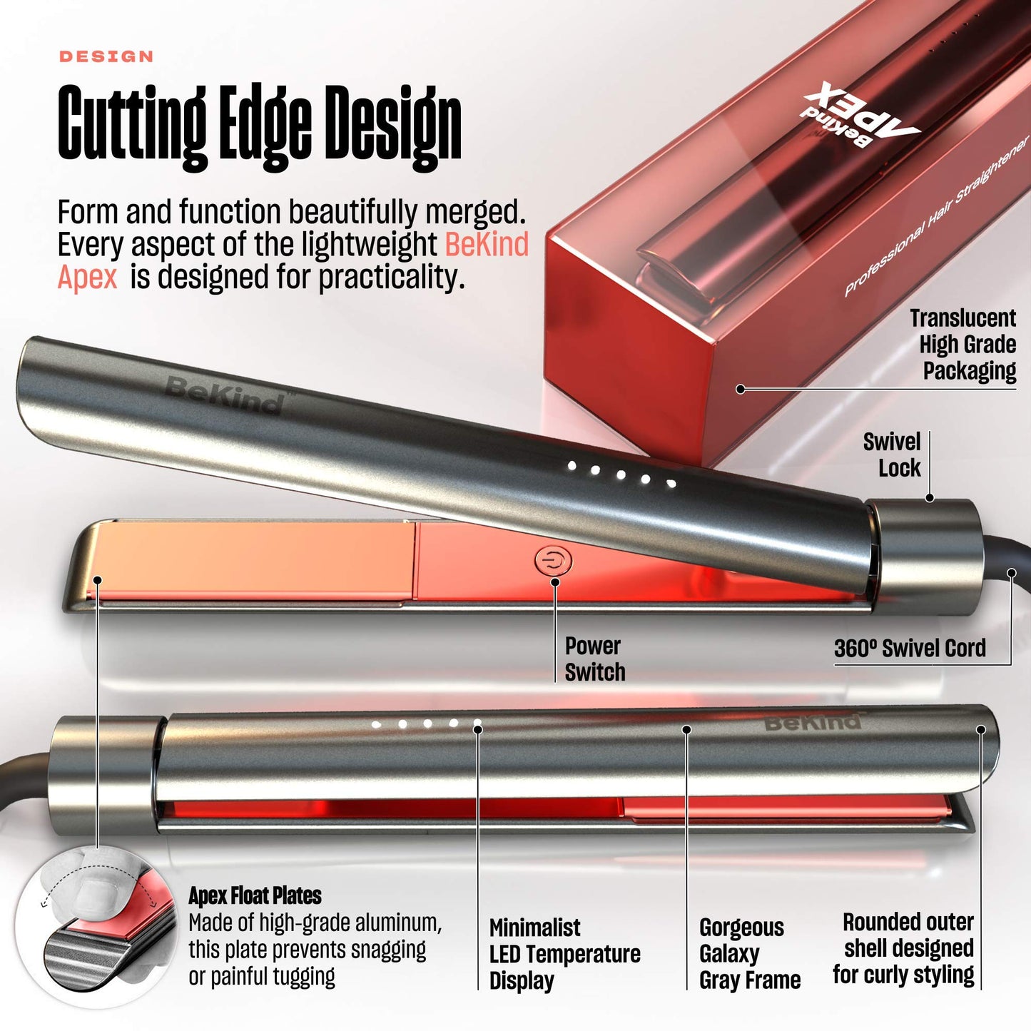 Bekind Apex 2-in-1 Hair Straightener Flat Iron | 1“ 460°F Straightener and Curler for All Hairstyles | UltraSmooth Tech | 15s Fast Heating & Temp Memory | Gift Set for Girls Wome (Galaxy Gray)