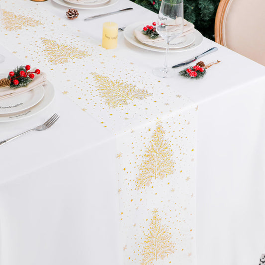 Snowkingdom Gold Christmas Tree Table Runner Xmas Winter Snowflakes 120 Inch Sparkly Glitter Gold Mesh Runners Kitchen Dining Table Decorations for Seasonal Festival Holiday Indoor Outdoor Home Party