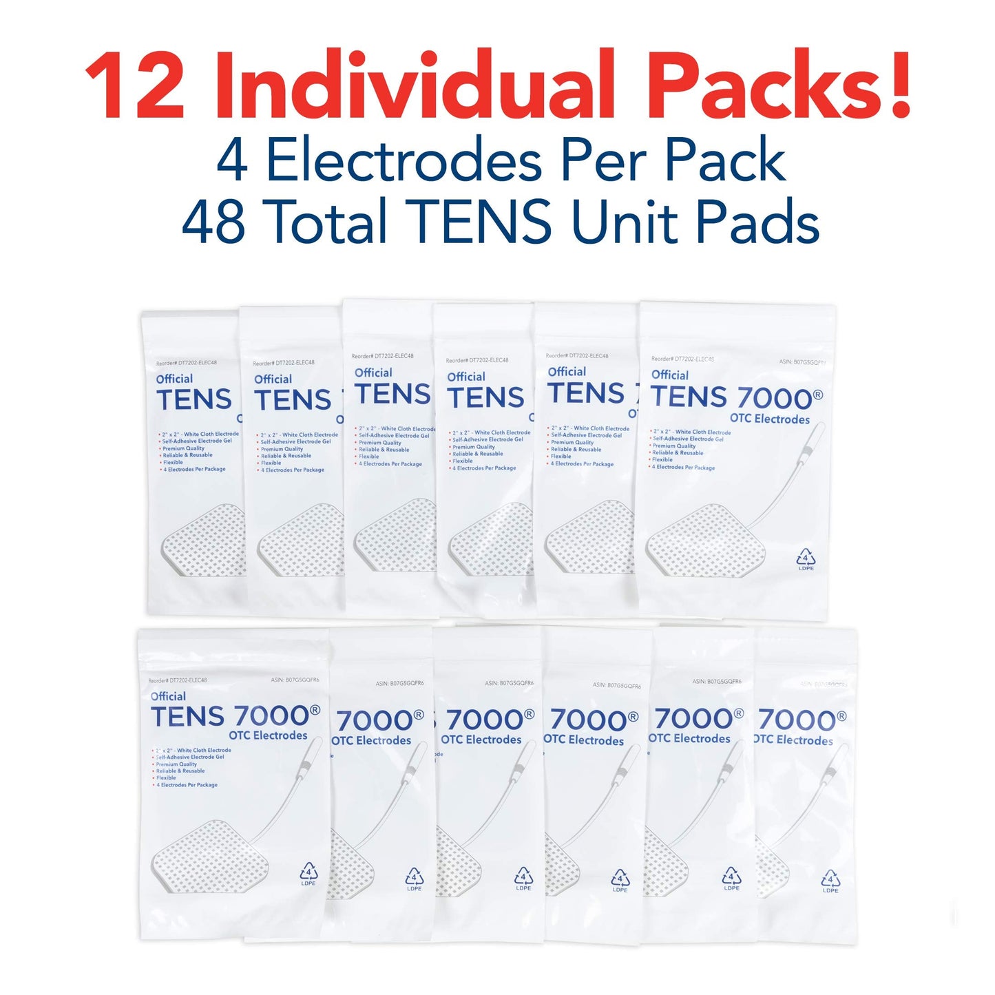 TENS 7000 Official TENS Unit Electrode Pads, 48 Pack, Premium Quality OTC Replacement Pads, 2" X 2", Compatible with Most Stim Machines Value Pack Replacement