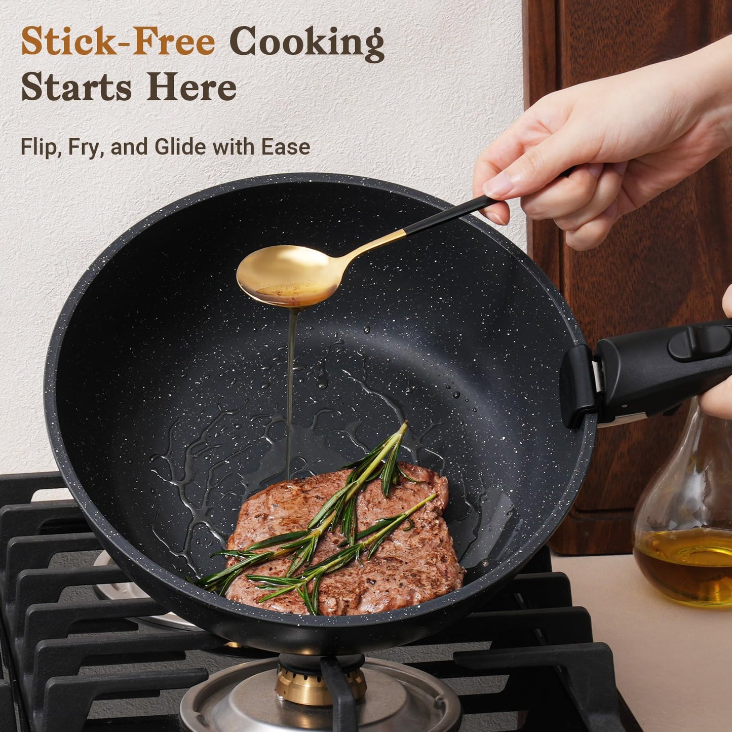 SODAY 15Pcs Pots and Pans Set Non Stick, Cookware Sets with Detachable Handle, Nonstick RV Kitchen Cooking Tools Removable Handles, Oven Safe, Induction Fast, Stackable Induction Cookware,Black