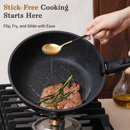 SODAY 15Pcs Pots and Pans Set Non Stick, Cookware Sets with Detachable Handle, Nonstick RV Kitchen Cooking Tools Removable Handles, Oven Safe, Induction Fast, Stackable Induction Cookware,Black