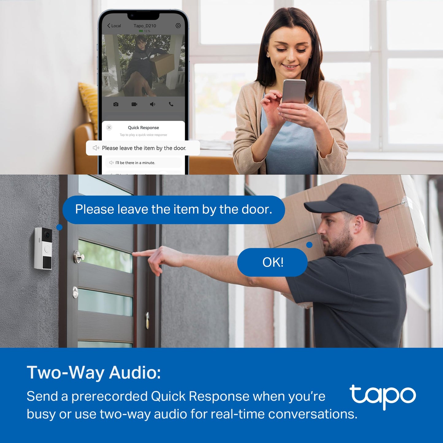 Tapo by TP-Link Smart Video Doorbell Camera Wireless with Chime, 2K with Full Color Night Vision & Spotlights, No Monthly Fee, Ring Call, 160° Ultra-Wide View, Free AI Detection, Local Storage,D210