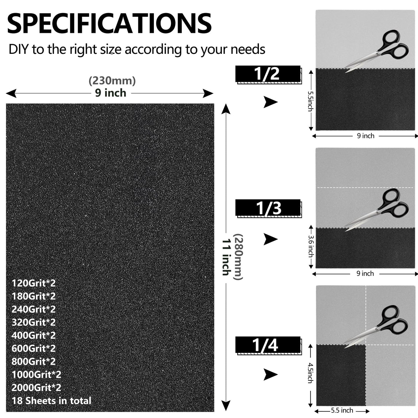 Shineboc Sandpaper Assortment, 18 Sheets, 9 x 11 Inch Wet Dry Sand Paper, 120/180/240/320/400/600/800/1000/2000 Grit Hand Sanding Sheets for Wood Metal Automotive Sanding and Polishing