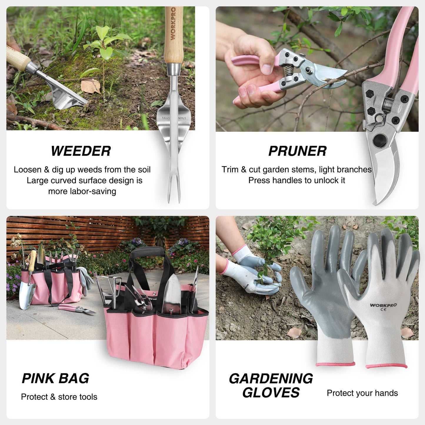 WORKPRO 8-Piece Pink Garden Tool Set, Stainless Steel Gardening Tools with Wood Handle, Including Garden Tote, Gloves, Trowel, Hand Weeder, Cultivator and More, Gardening Gifts For Women - Pink Ribbon
