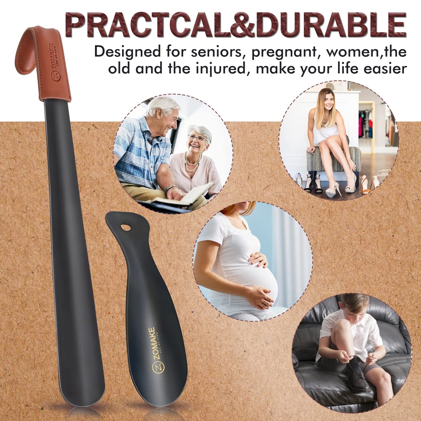 ZOMAKE Shoe Horn Long Handle for Seniors Men Women,Metal Long Shoehorn Boot Horn 16.5",Travel Small Shoe Spoon Helper for Kids 7.5"