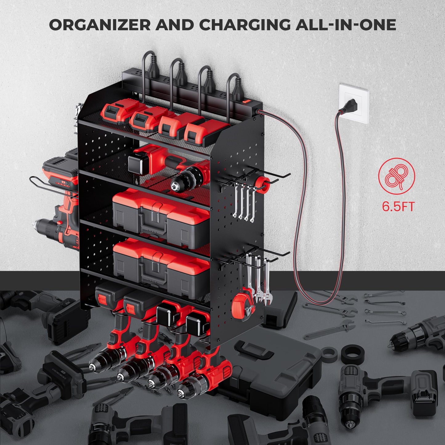 TRZZ Power Tool Organizer Wall Mount, 5-Layer Charging Station with 8 Outlets, 6 Drill Holders, 2 Side Pegboards, and Drill Bit Rack for Garage, Workbench, and Workshop (Black)