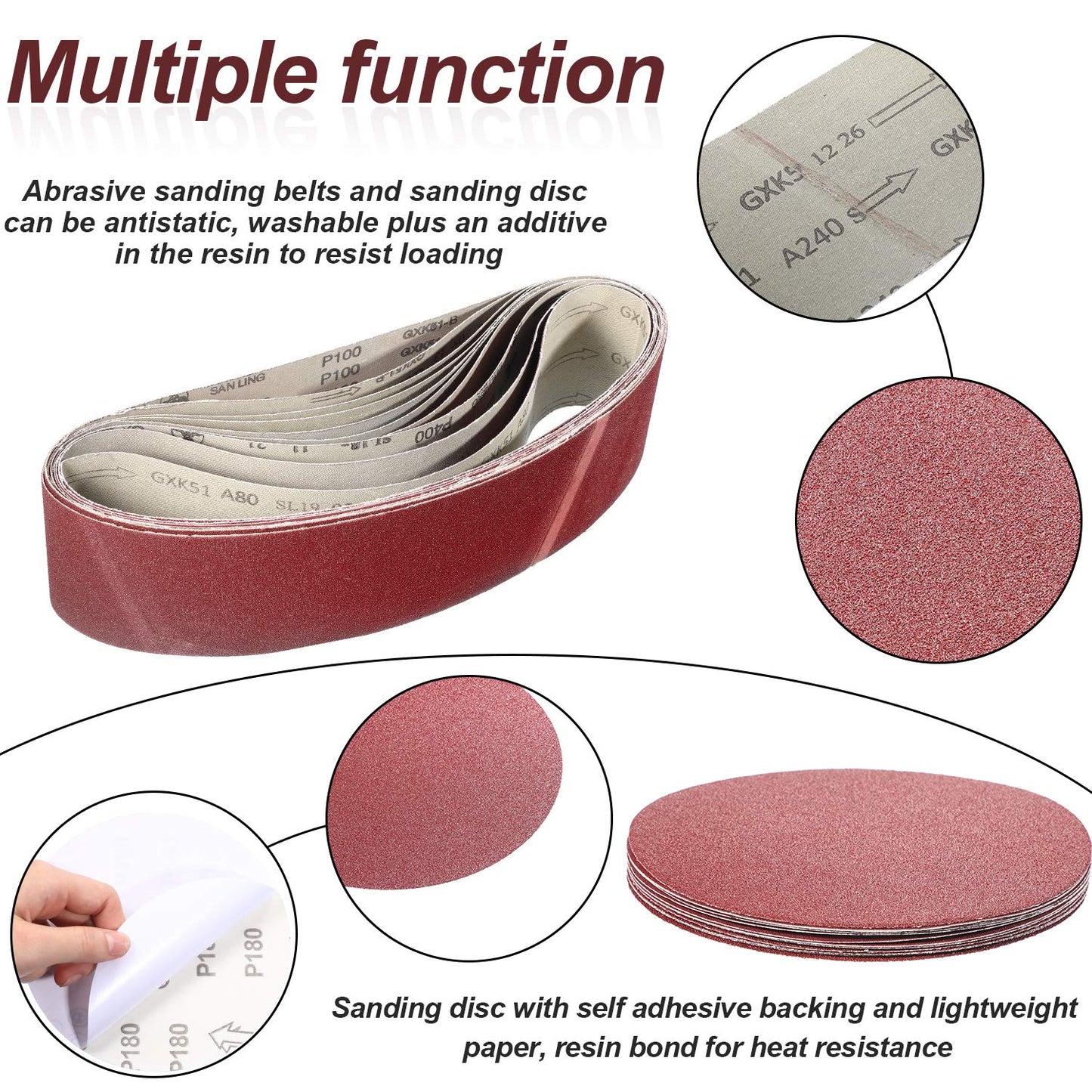 Blulu 22 Pieces Sanding Belts and Sanding Discs Set Includes 4 x 36 Inch Belts (80/120/150/240/400 Grits) and 6 Inch Self Adhesive No Hole Alumina Disc for Bench Combination Sander Woodworking