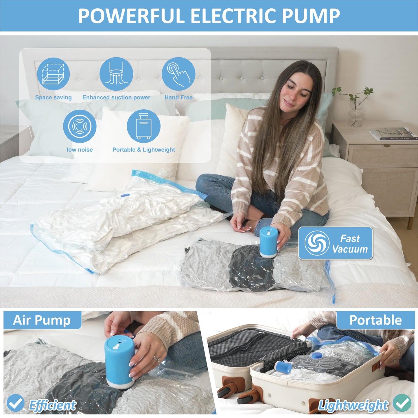 12 Pack Travel Vacuum Storage Bags with Portable Electric Pump, Vacuum Seal Space Saver Bags for Clothing, Vacuum Travel Bags for Luggage