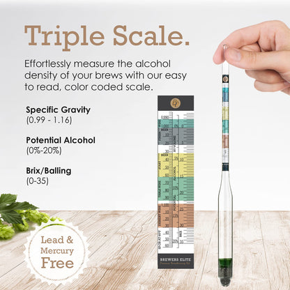 Brewer's Elite Hydrometer - for Home Brew Beer, Wine, Mead and Kombucha - Deluxe Triple Scale Set, Hardcase and Cloth - Specific Gravity ABV Tester