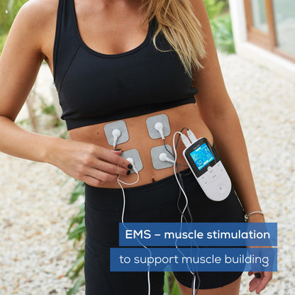 Beurer EM49 Digital TENS & EMS Device for Pain Relief and Muscle Stimulation, 15 TENS Programs, 35 EMS Programs, 2 Adjustable Channels with 4 Self-Adhesive Electrodes