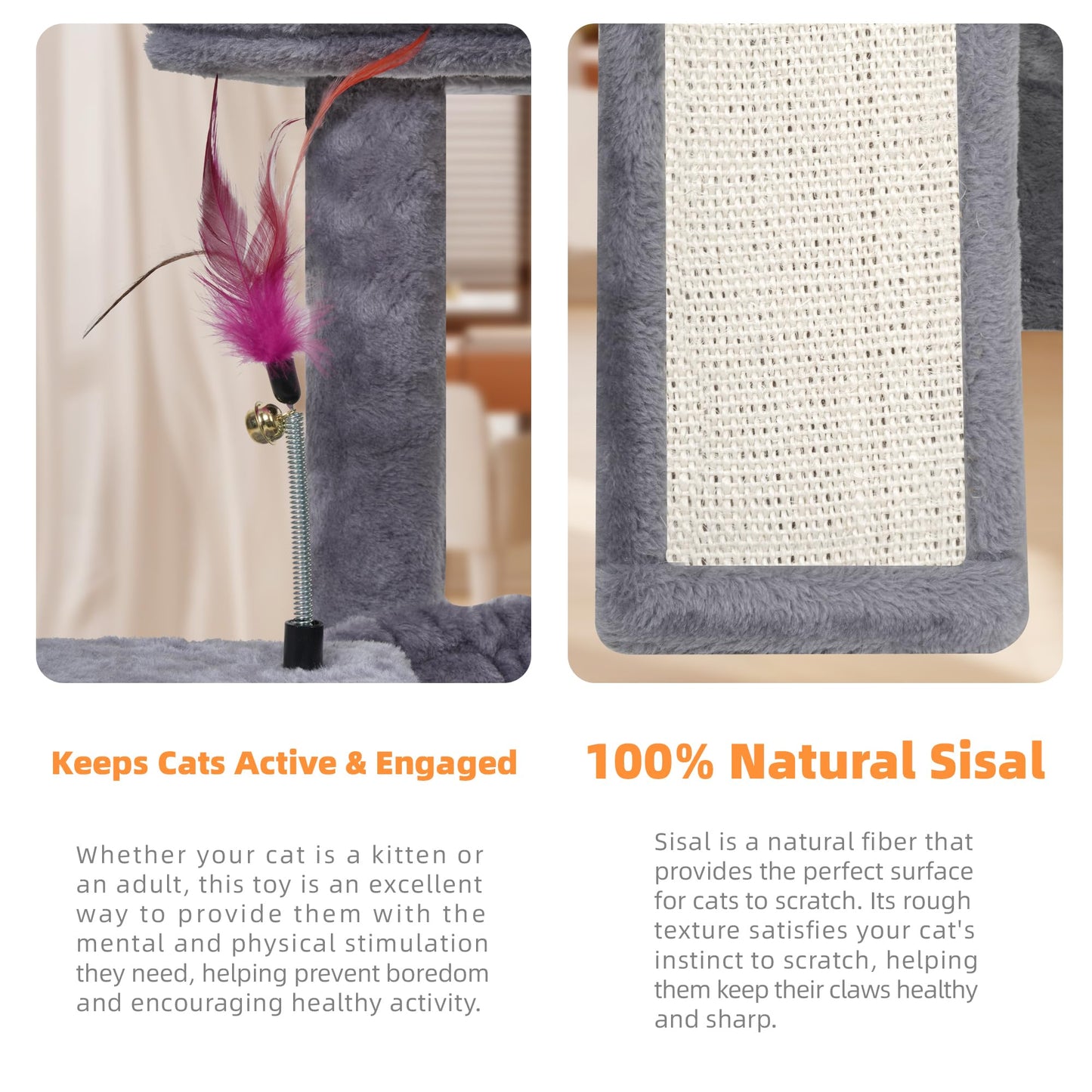 YOUPET Cat Tree with Cat Scratching Post for Indoor Cats, Cat Tower with Scratching Board and Playful Toy Balls, Cat Tree Tower with Cozy Hammock,Grey