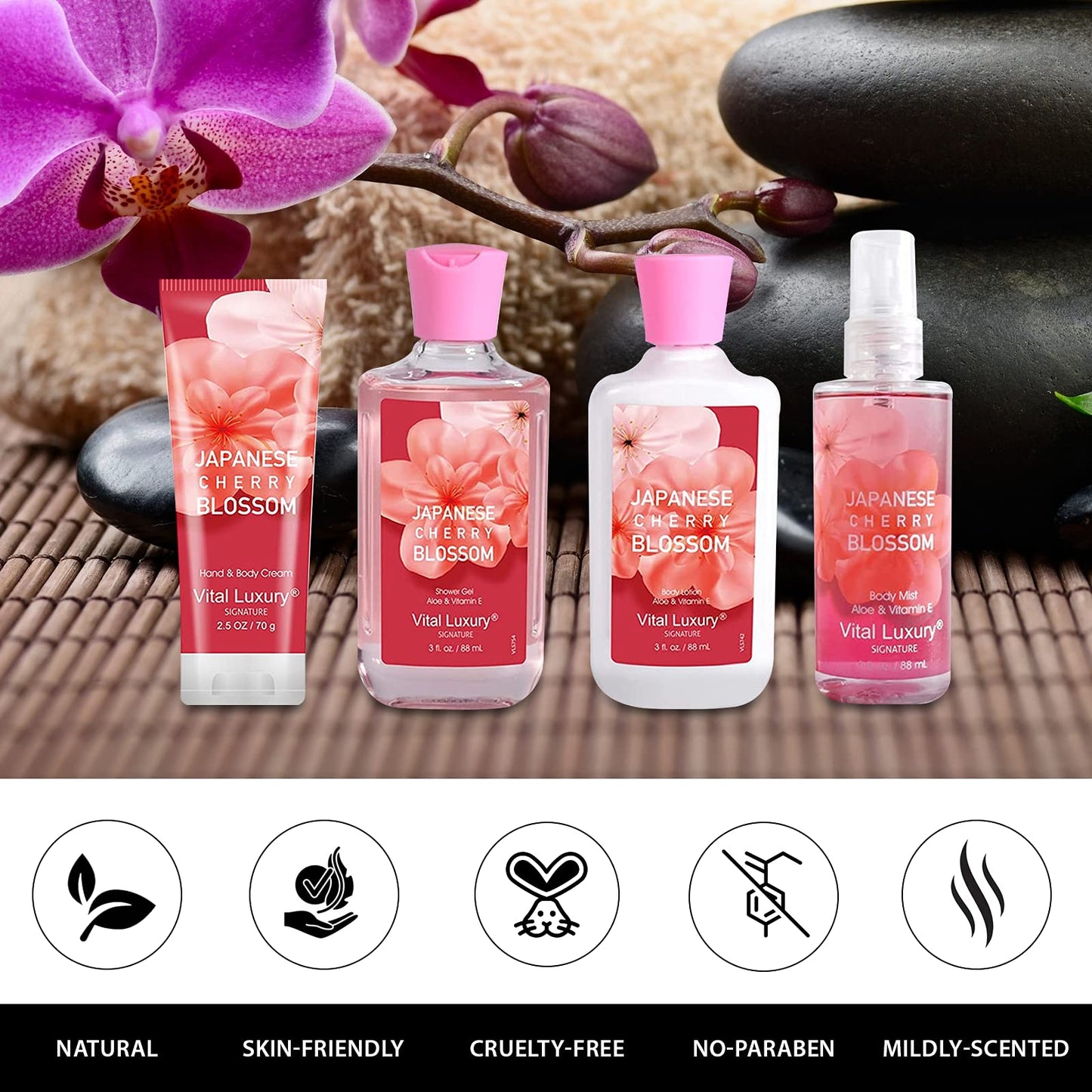 Vital Luxury Bath & Body Kit, 3 Fl Oz Travel Size, Ideal Skincare Relaxing Home Spa Set, Includes Body Lotion, Shower Gel, Body Cream, and Fragrance Mist, Bath Gifts for Her and Him (Japanese Cherry