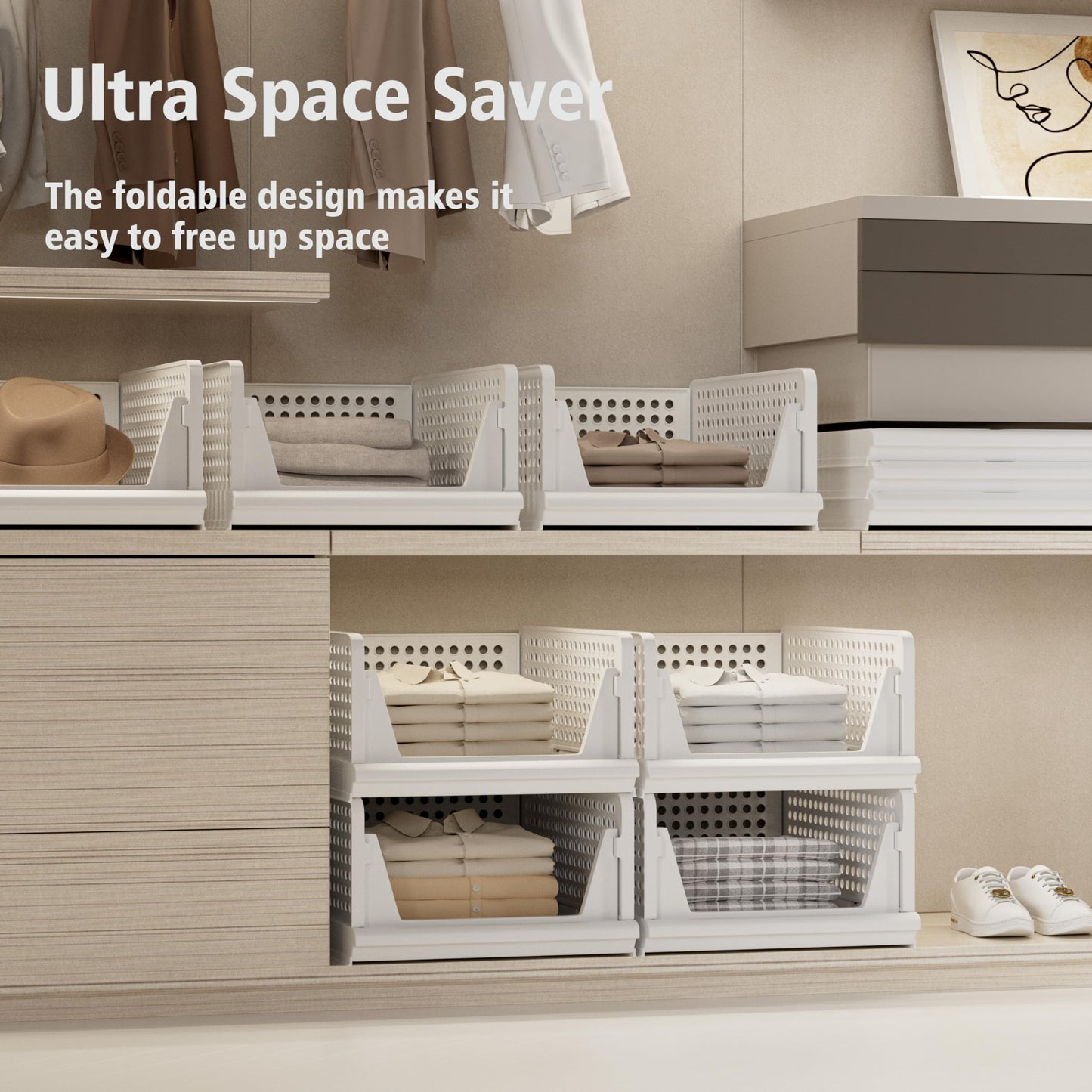 Proarea 4 Pack Stackable Plastic Storage Basket Closet Organizer Bin Foldable Clothes Organizer Storage Drawer Shelf Container for Living Room Bathroom Kitchen Office (2L+2S)